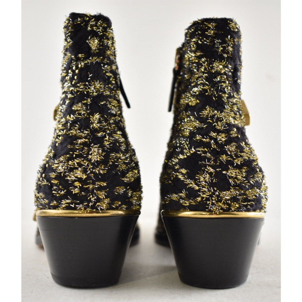 Chloe Suzanna Black Gold Velvet Coupe Studded Short Zipper Ankle Heel Bootie 37 - Picture 14 of 15